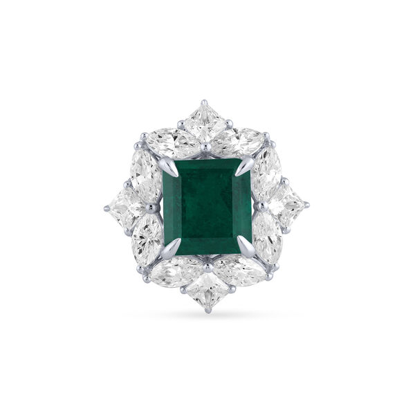 Emerald Octagon-Cut Ring with Diamonds in White Gold